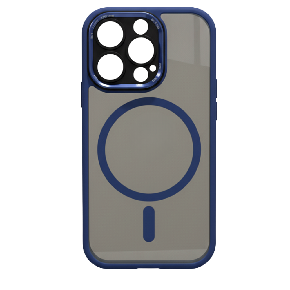 Capa magnética antichoque para iPhone em azul escuro, protegendo o smartphone contra quedas e impactos.