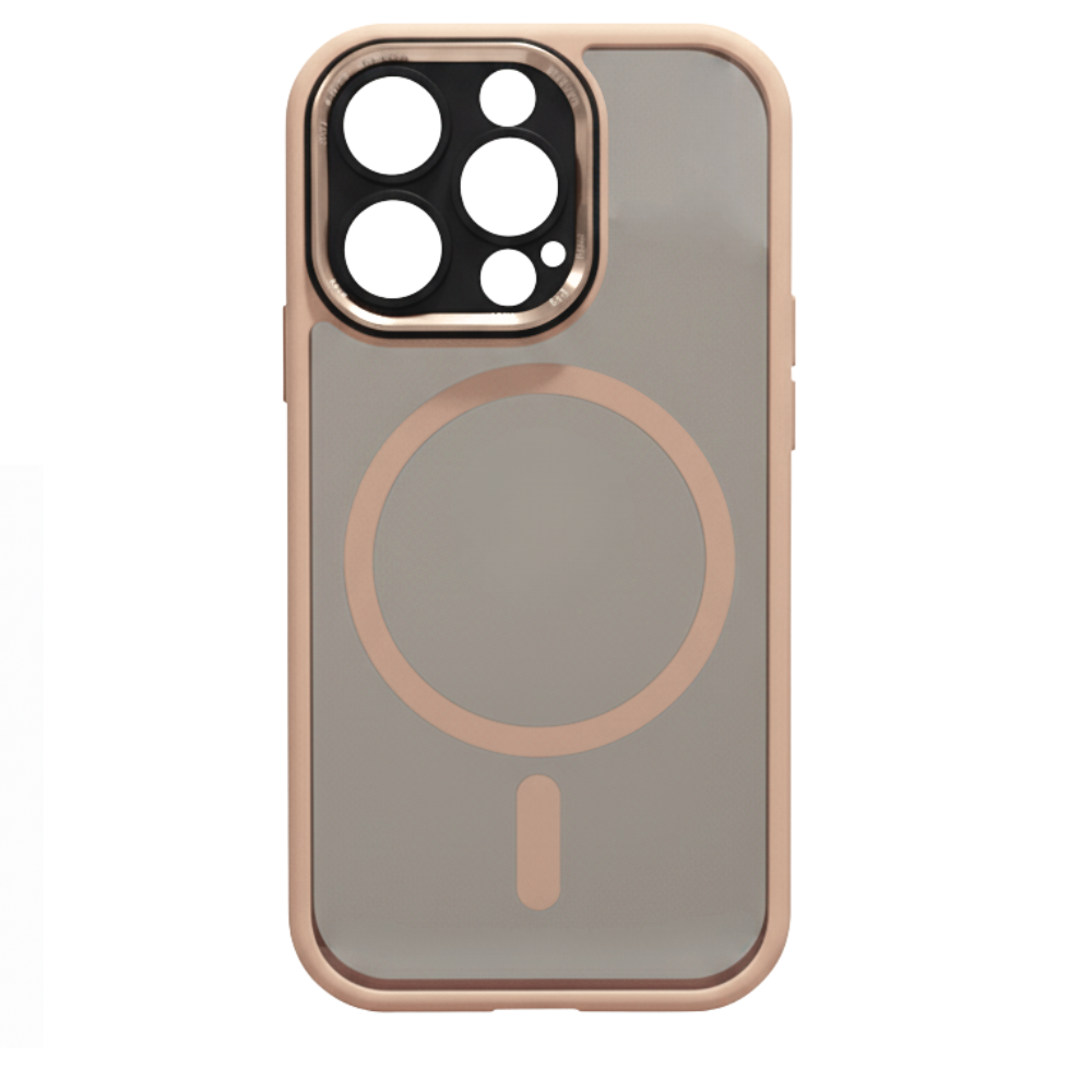 Capa magnética antichoque para iPhone, cor dourada, proteção resistente a impactos, marca Pcmart, compatível com modelos Apple.