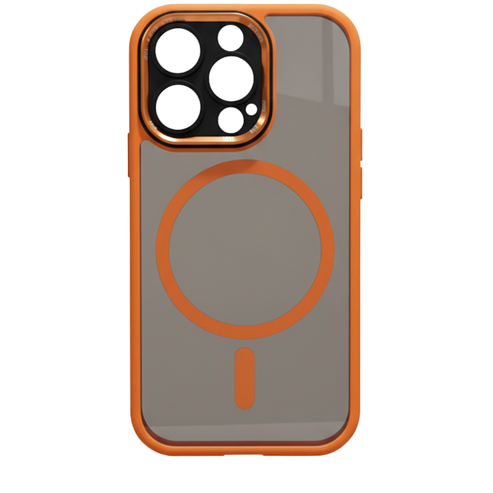 Capinha magnética antichoque laranja para iPhone, proteção resistente com acabamento durável e design moderno.
