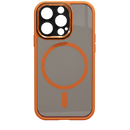 Capinha magnética antichoque laranja para iPhone, proteção resistente com acabamento durável e design moderno.
