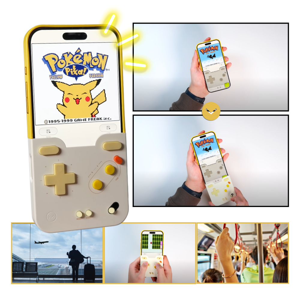 Capinha de iPhone Chu9 com design Gameboy retrô, estilo clássico de videogame, que vira para modo retrô em segundos.