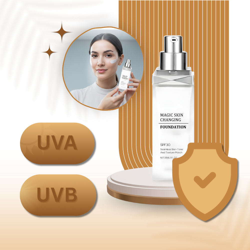 Fundo de teint SPF 30 da Jaycosin com tom que muda, embalagem de cosméticos, acabamento natural e proteção solar.