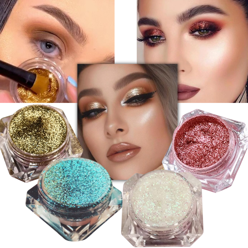 Sombra de olhos Jcat Beauty com efeito galáctico, refletindo cores vibrantes e brilhantes para maquiagem marcante.