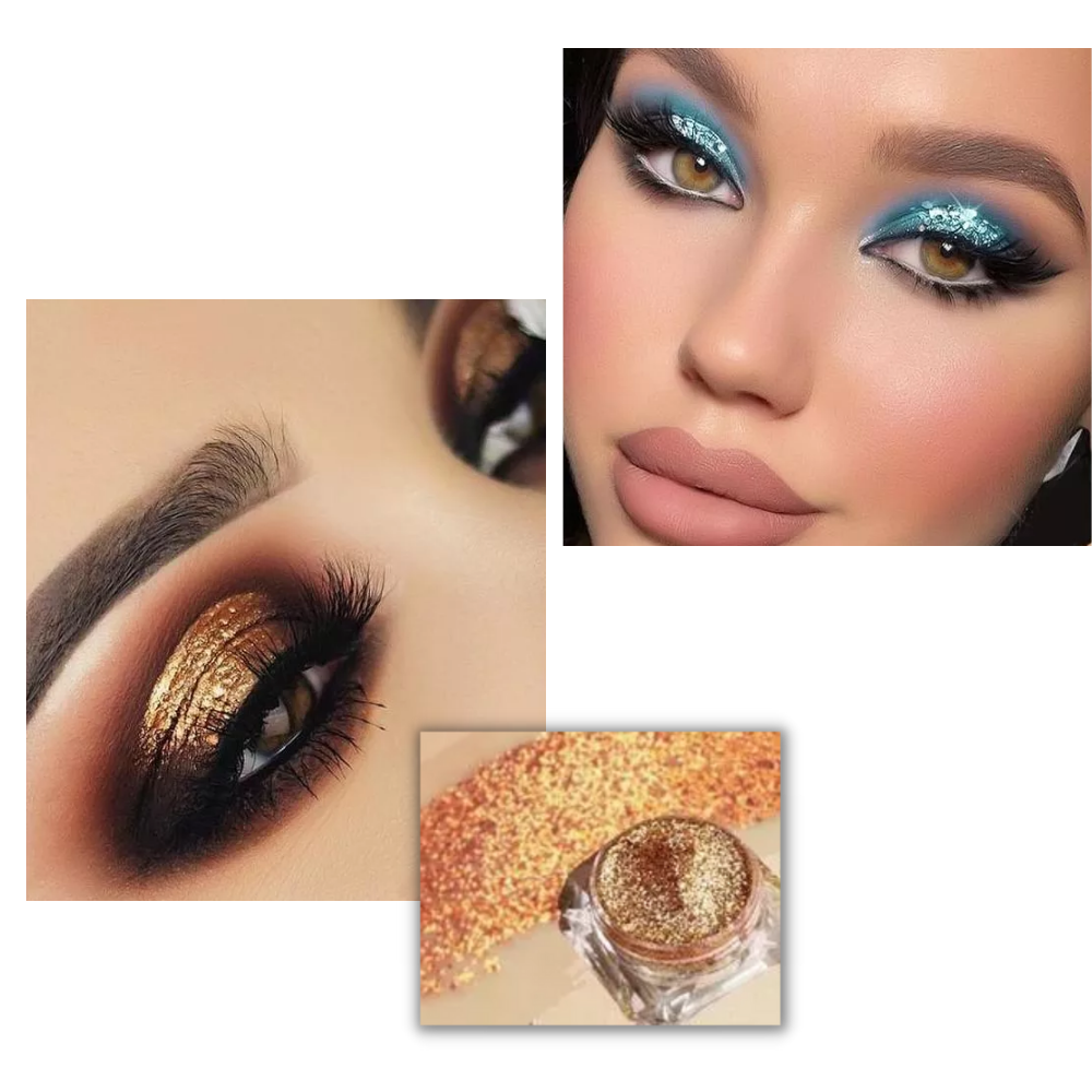 Sombra de olhos Jcat Beauty com efeito galáctico, tons refletidos e brilho intenso para maquiagem criativa.