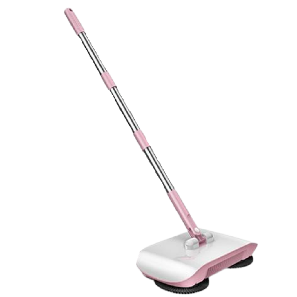 Balai automático 2-em-1 da Jeashchat para limpeza doméstica, com design rosa e funcionalidade dupla.