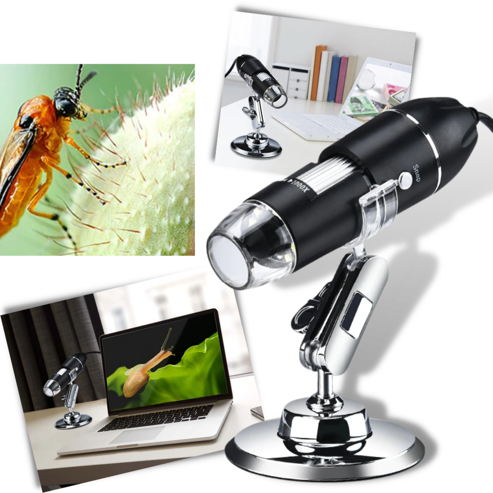 Microscópio digital USB Joyan com LED para laboratório, com lente de alta precisão e iluminação para observação detalhada.