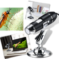 Microscópio digital USB Joyan com LED para laboratório, com lente de alta precisão e iluminação para observação detalhada.