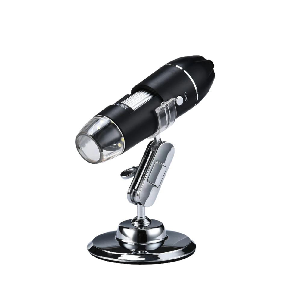 Microscópio digital USB Joyan com iluminação LED para laboratório, foco ajustável e lente de alta precisão.