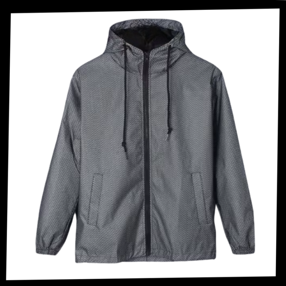 Veste coupe-vent com capuz Juebong para atividades ao ar livre, efeito iridescente, resistente ao vento e à chuva.