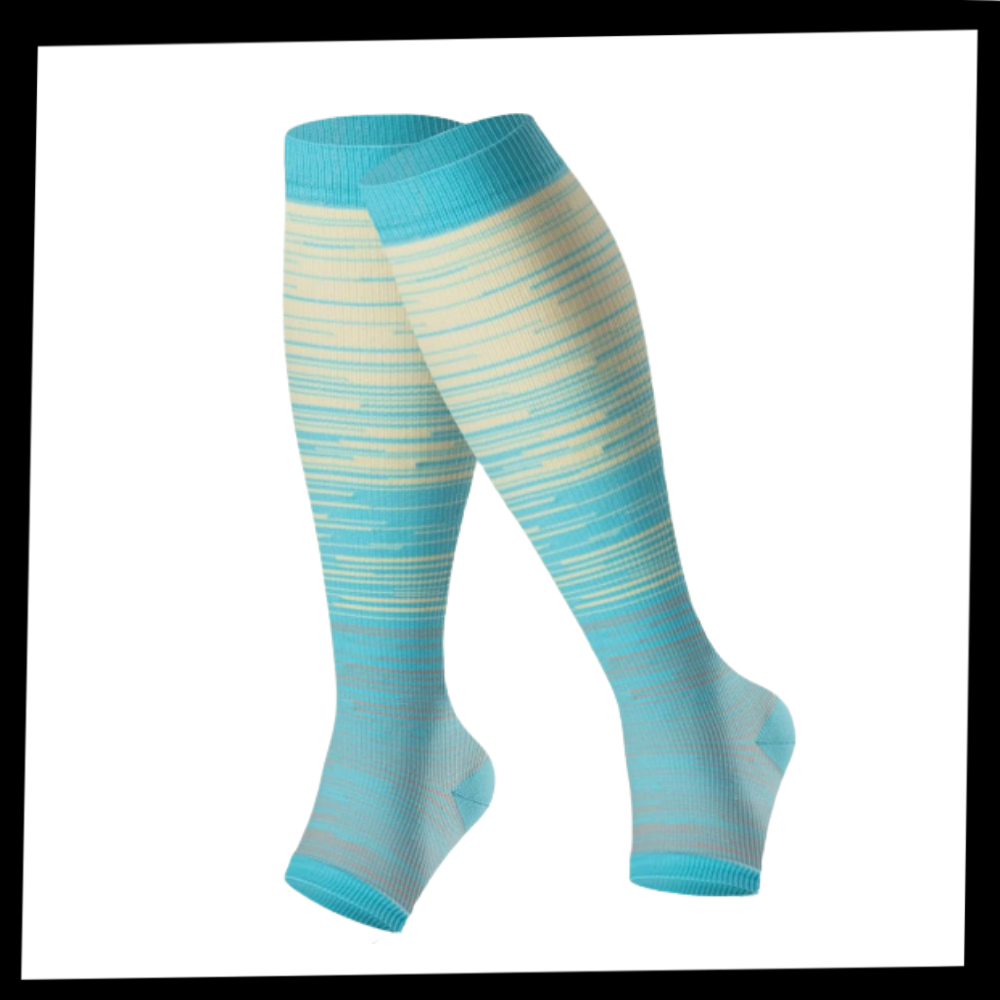 Chaussettes de compression élastiques Julietta com dedo aberto, item de vestuário confortável para circulação e suporte dos pés.