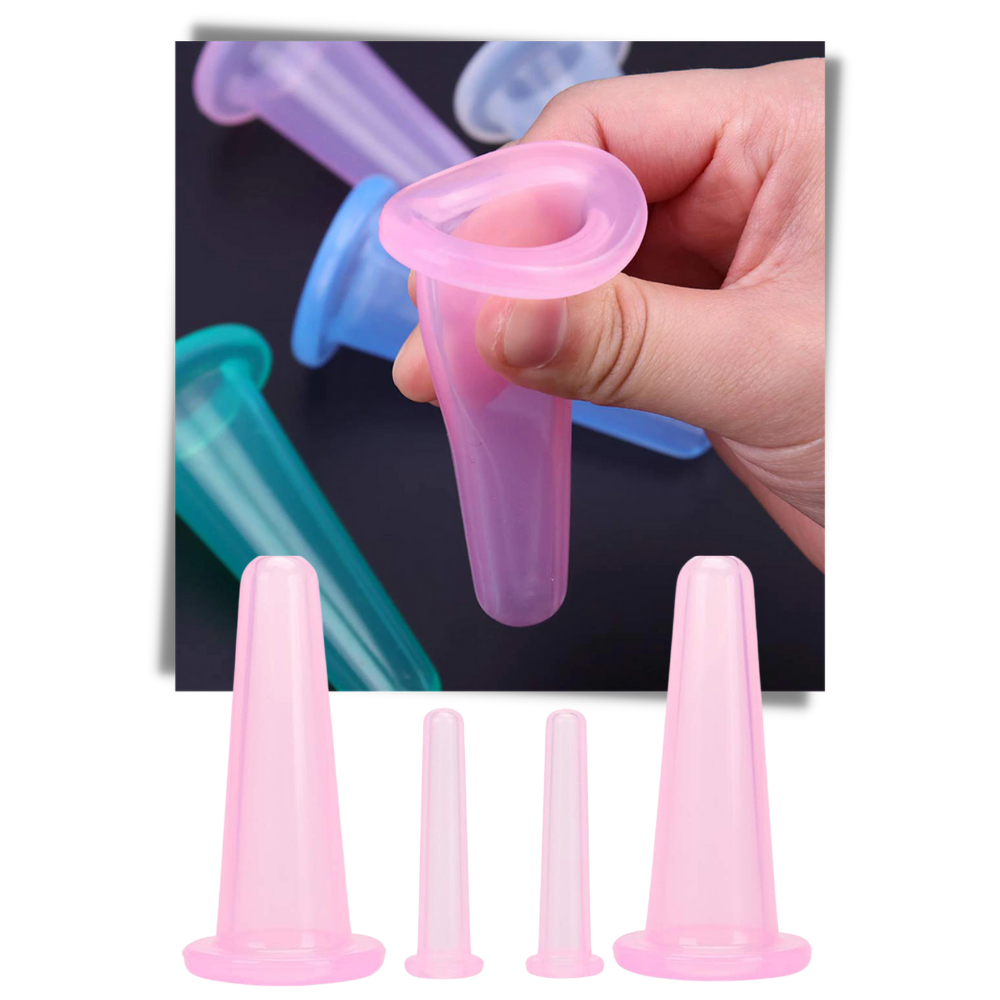 Conjunto de 4 ventosas de silicone azul para massagem facial, promovendo relaxamento e cuidados com a pele.