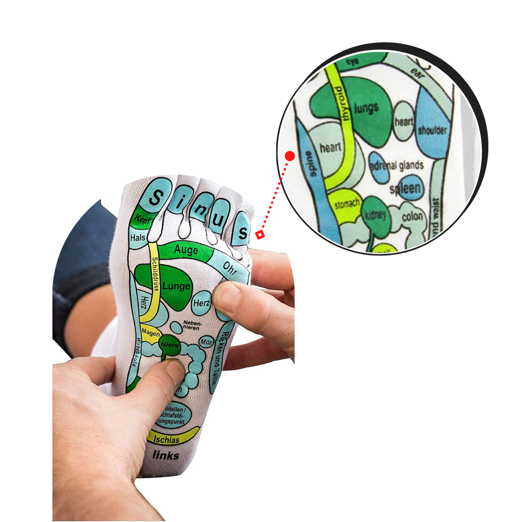 Chaussettes de réflexologie Jygee para massagem e relaxamento, com design confortável e pontos de estímulo nos pés.