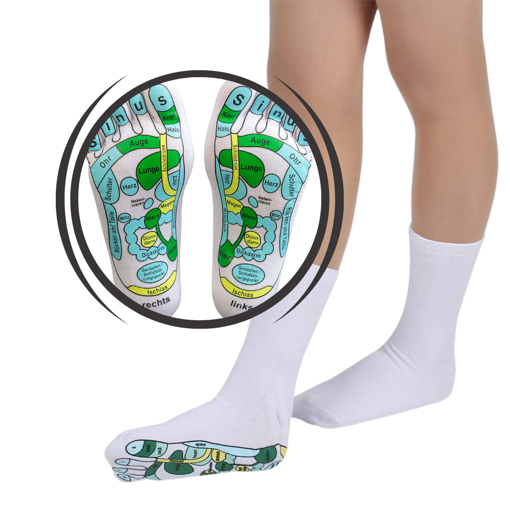Chaussettes de réflexologie Jygee para massagem e relaxamento, com pontas e solas acolchoadas para conforto e estímulo dos pontos reflexos.