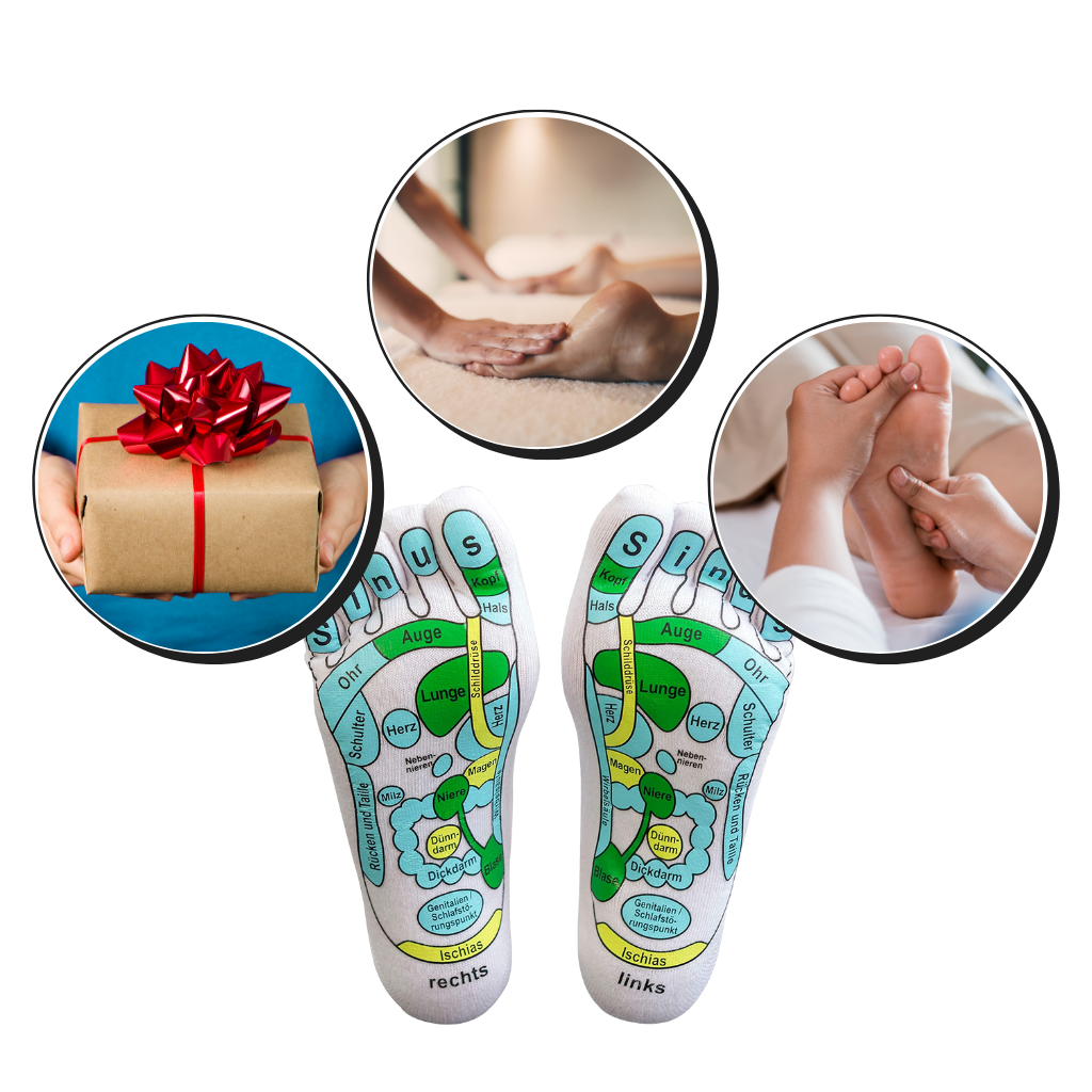 Chaussettes de réflexologie Jygee para massagem e relaxamento, com detalhes que estimulam pontos de pressão nos pés.