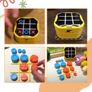 Casse-tête a pilhas da marca Kangnenghuishiye, jogo de tabuleiro amarelo com peças encaixáveis e mecanismo de pilhas.