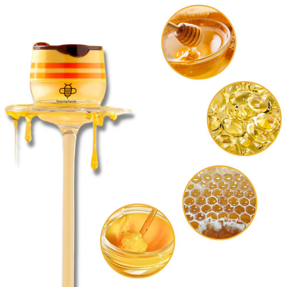 Baume hidratante de cosméticos Kaou com mel de abelha, textura cremosa e embalagem dourada.