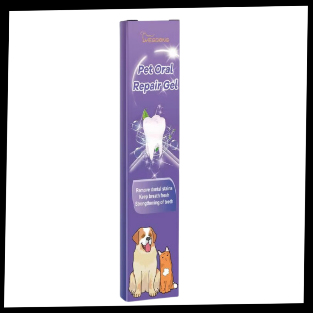 Gel de réparation buccale naturel para animais de estimação, produto de higiene bucco-dentária da marca Kehuo, mostrando embalagem e aplicação