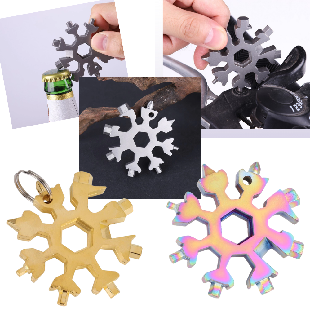 Tournevis e ferramenta multifuncional 18-em-1 da Kiapeise com design de floco de neve em aço inoxidável preto.