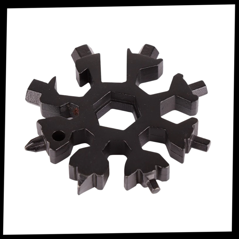 Ferramenta multifuncional 18 em 1 da Kiapeise, com design de floco de neve, para parafusos e fixadores, em aço inoxidável preto.