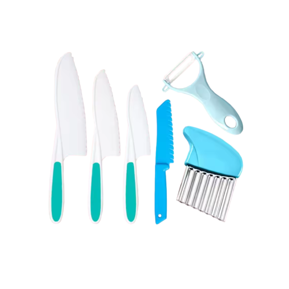 Conjunto de utensílios de cozinha para crianças, brinquedos de imitação da marca Fnyko, com panelas, utensílios e pratos azuis.