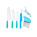 Conjunto de utensílios de cozinha para crianças, brinquedos de imitação da marca Fnyko, com panelas, utensílios e pratos azuis.