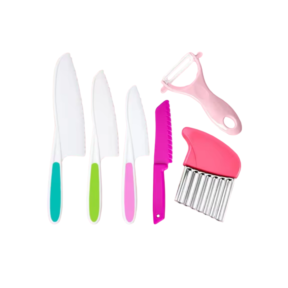 Conjunto de utensílios de cozinha para crianças da marca Fnyko, brinquedos de imitação em cores rosa com diversos acessórios.