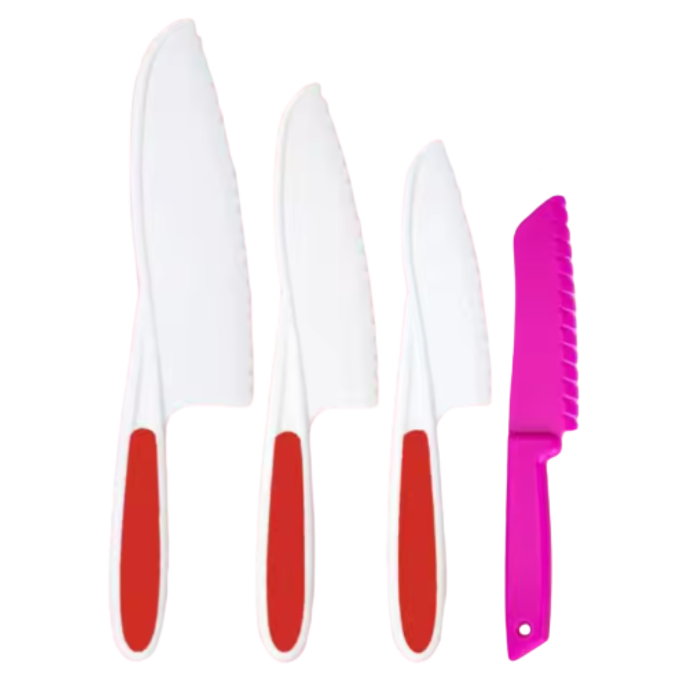 Kit de utensílios de cozinha para crianças Fnyko, brinquedos de imitação com facas de plástico vermelhas e utensílios coloridos.