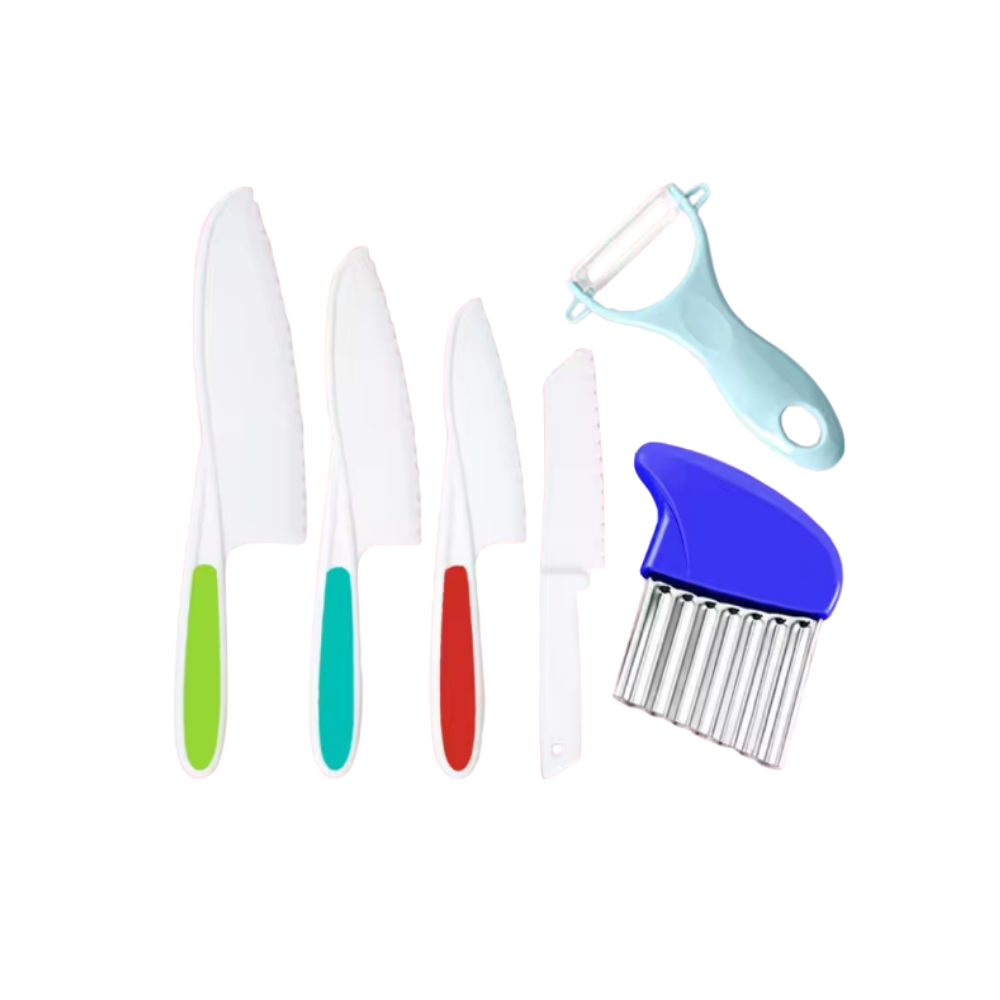 Conjunto de utensílios de cozinha para crianças da Fnyko, brinquedos de imitação com facas de plástico em cores brancas.