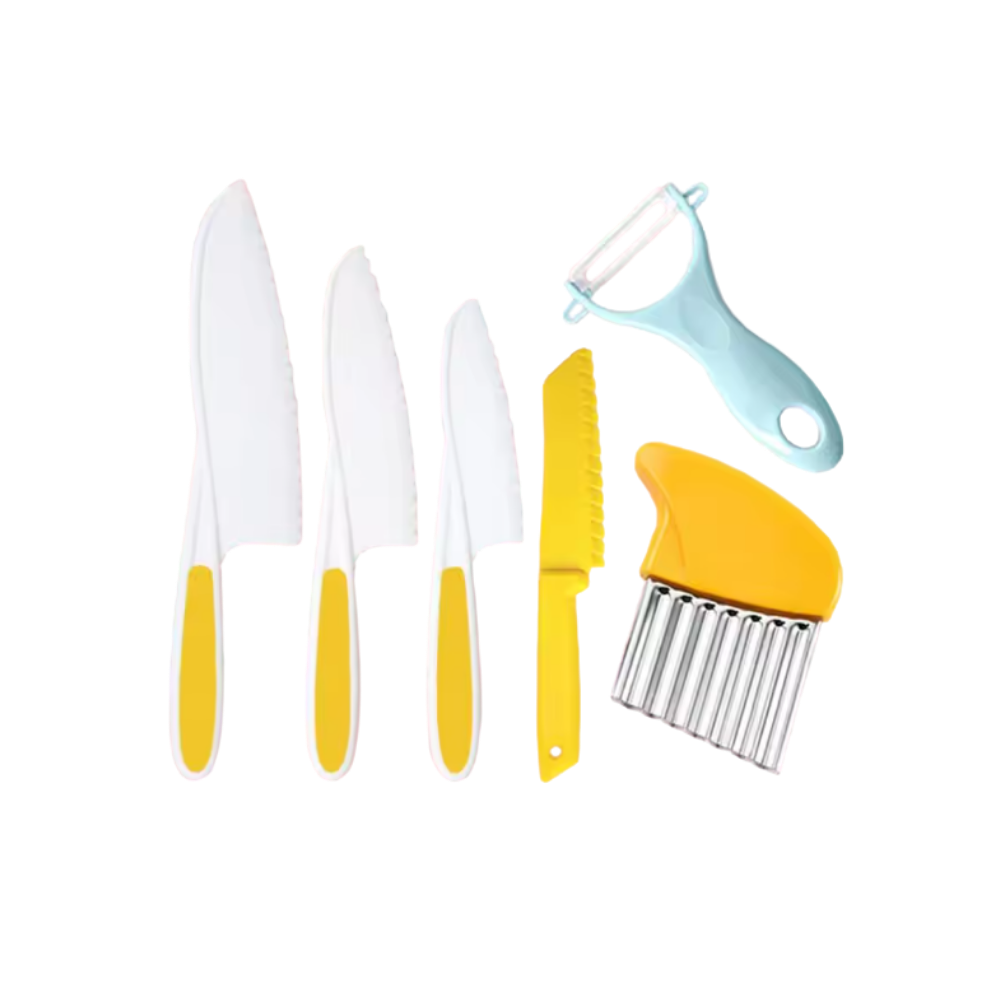 Conjunto de utensílios de cozinha para crianças da marca Fnyko, brinquedos de imitação em amarelo para brincadeiras seguras.