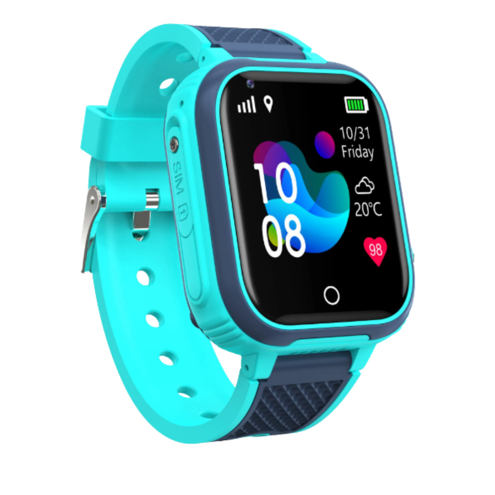 Relógio inteligente infantil Techcomm com pulseira verde, visor digital e funções de supervisão para crianças.