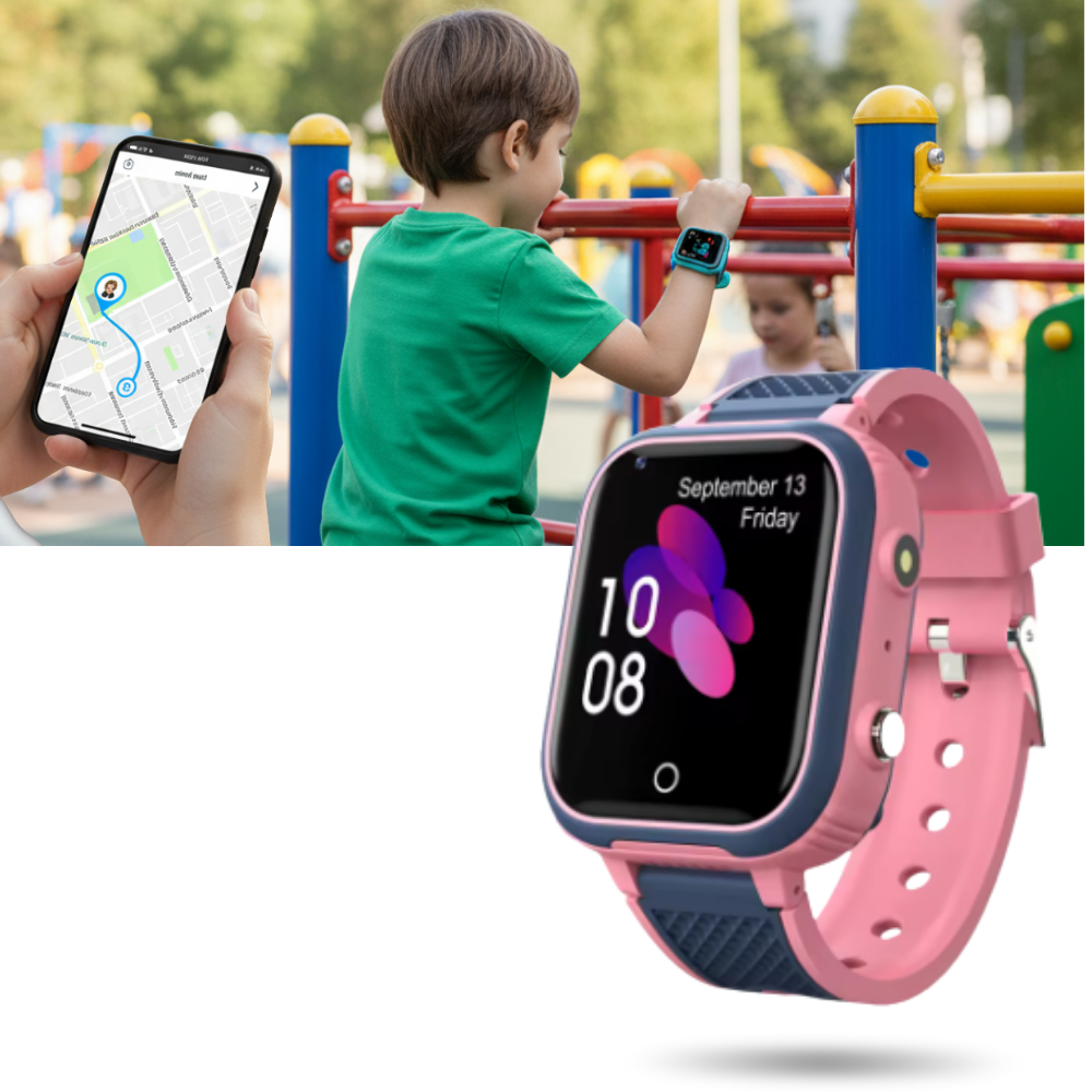 Relógio inteligente para crianças Techcomm, com tela colorida e pulseira de silicone, ideal para supervisão e comunicação infantil.