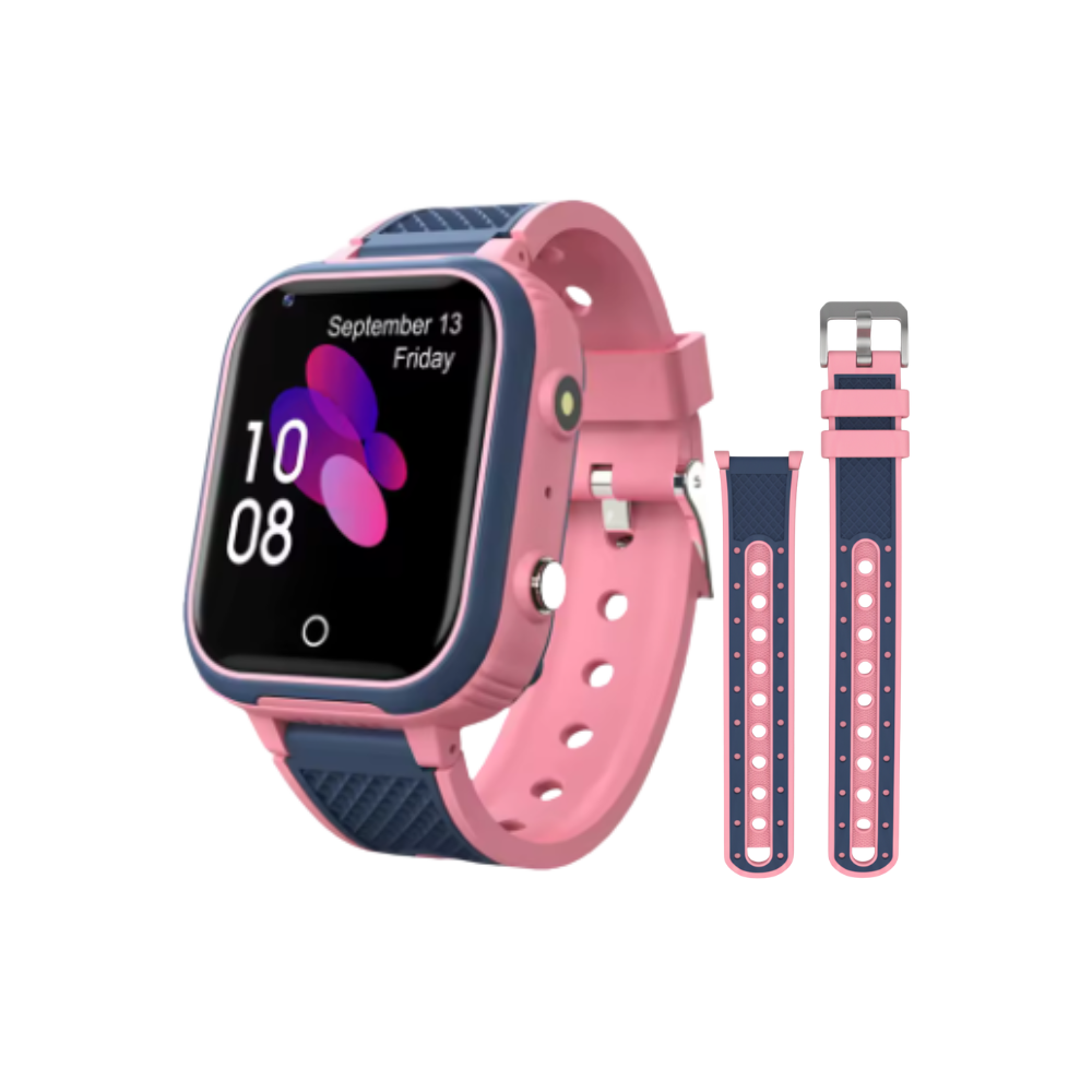 Relógio inteligente para crianças Techcomm com pulseira rosa, visor digital e funções de supervisão infantil.
