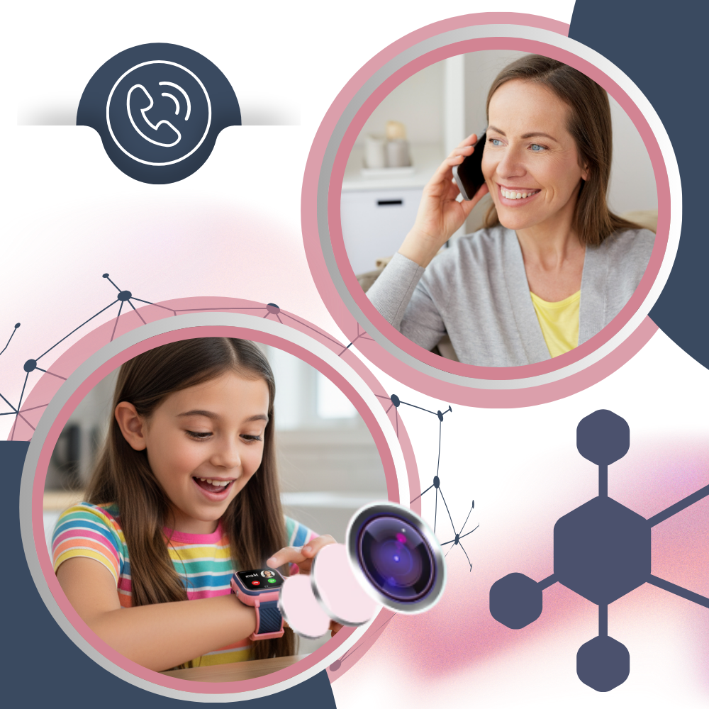 Relógio inteligente para crianças Techcomm com visor colorido, mostrador digital e recursos de segurança e supervisão.