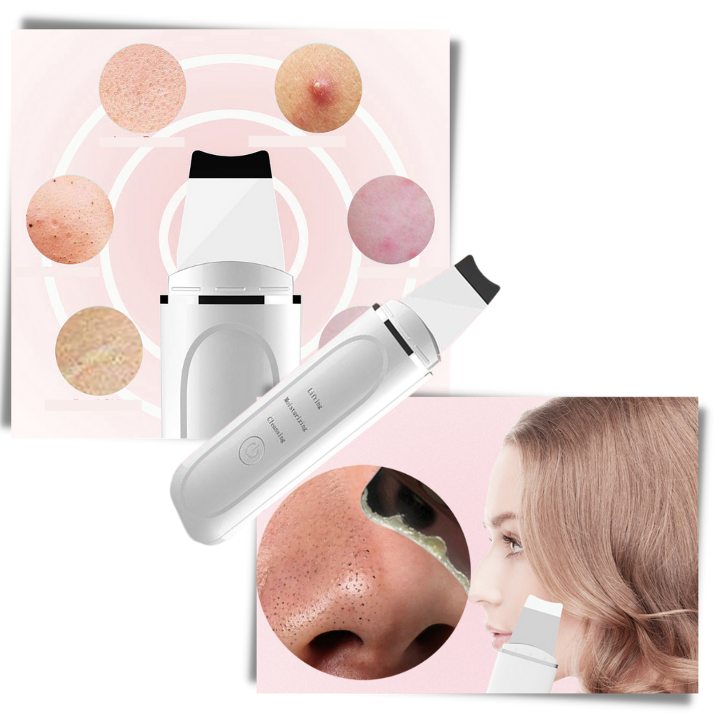 Espátula exfoliante ultrassônica para o rosto da marca Kinsei Beauty, usada para limpeza e cuidados faciais.