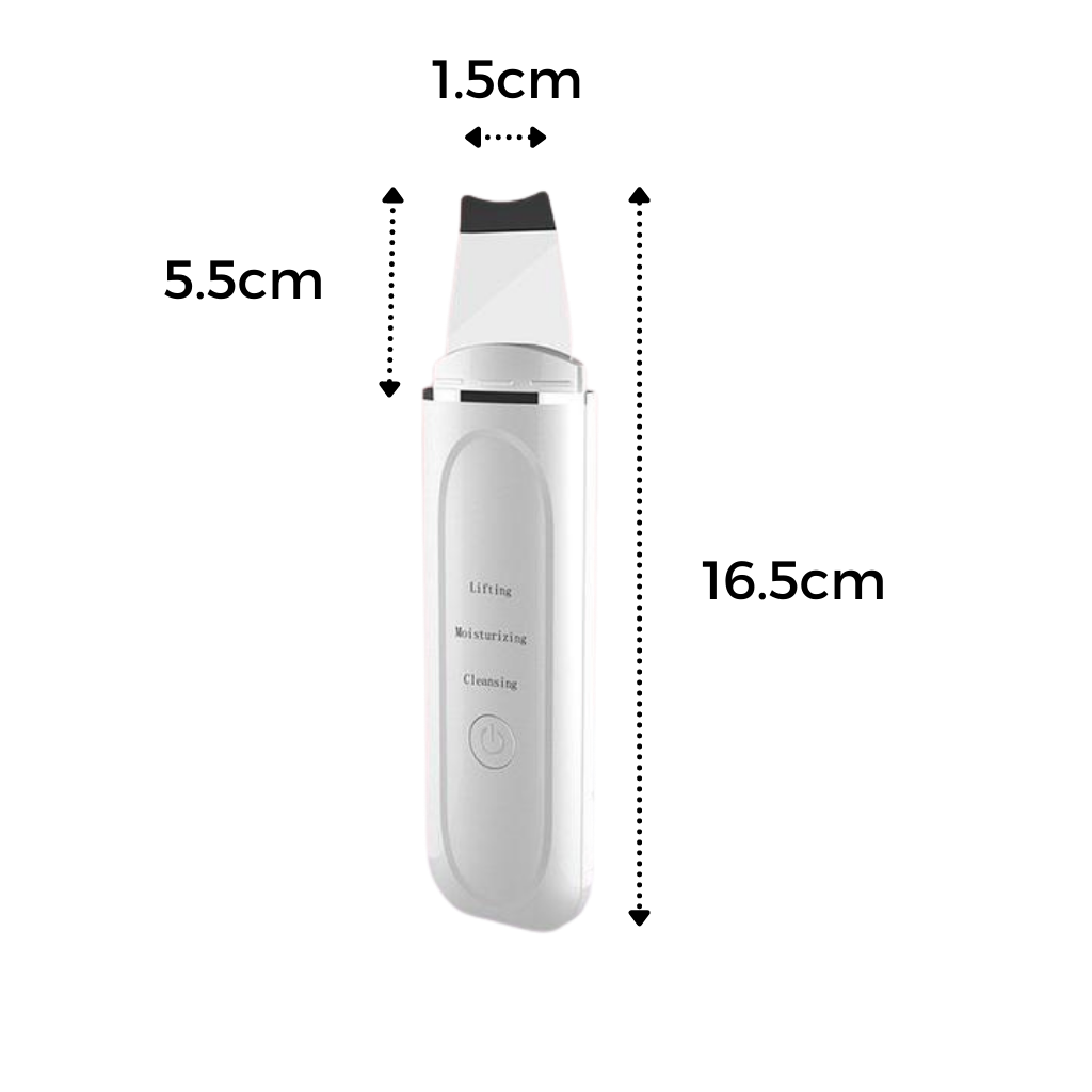 Espátula exfoliante ultrassônica para o rosto da marca Kinsei Beauty, com design em plástico branco e detalhes em azul.