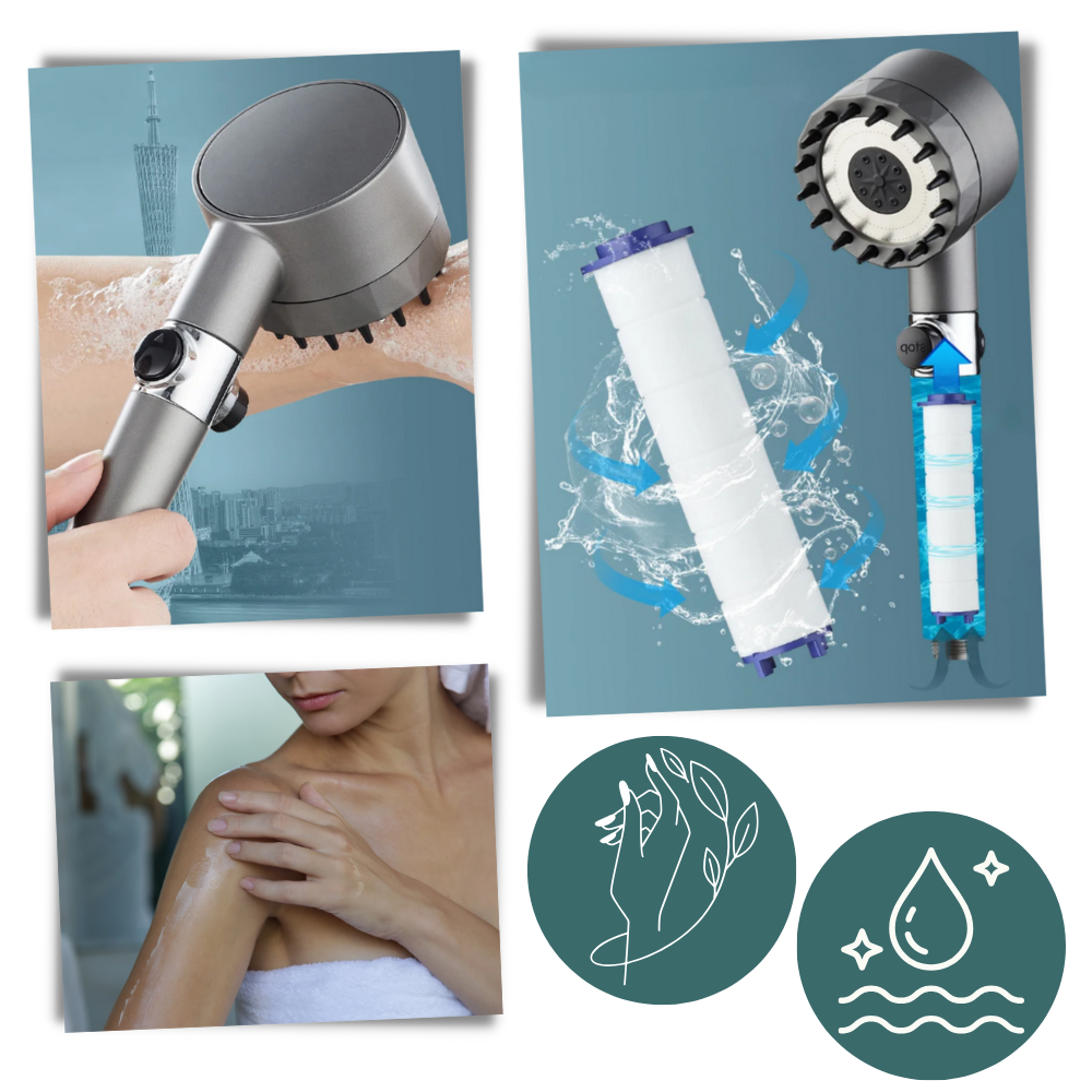 Pommeau de douche haute pression 4 en 1 da marca Kit, com detalhes do acabamento e bico ajustável para fluxo de água.