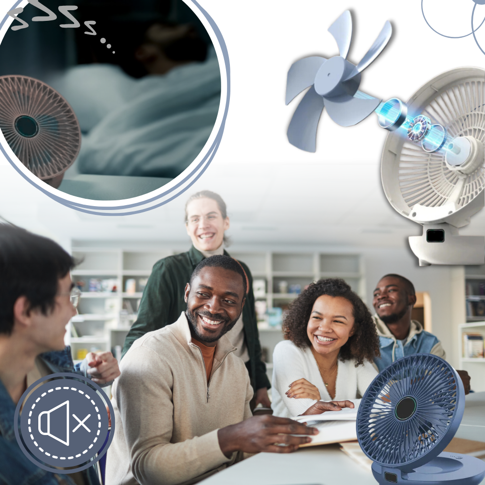 Ventilador portátil Kkmol de cor azul, com difusão suave, ideal para resfriamento e circulação de ar em ambientes internos.