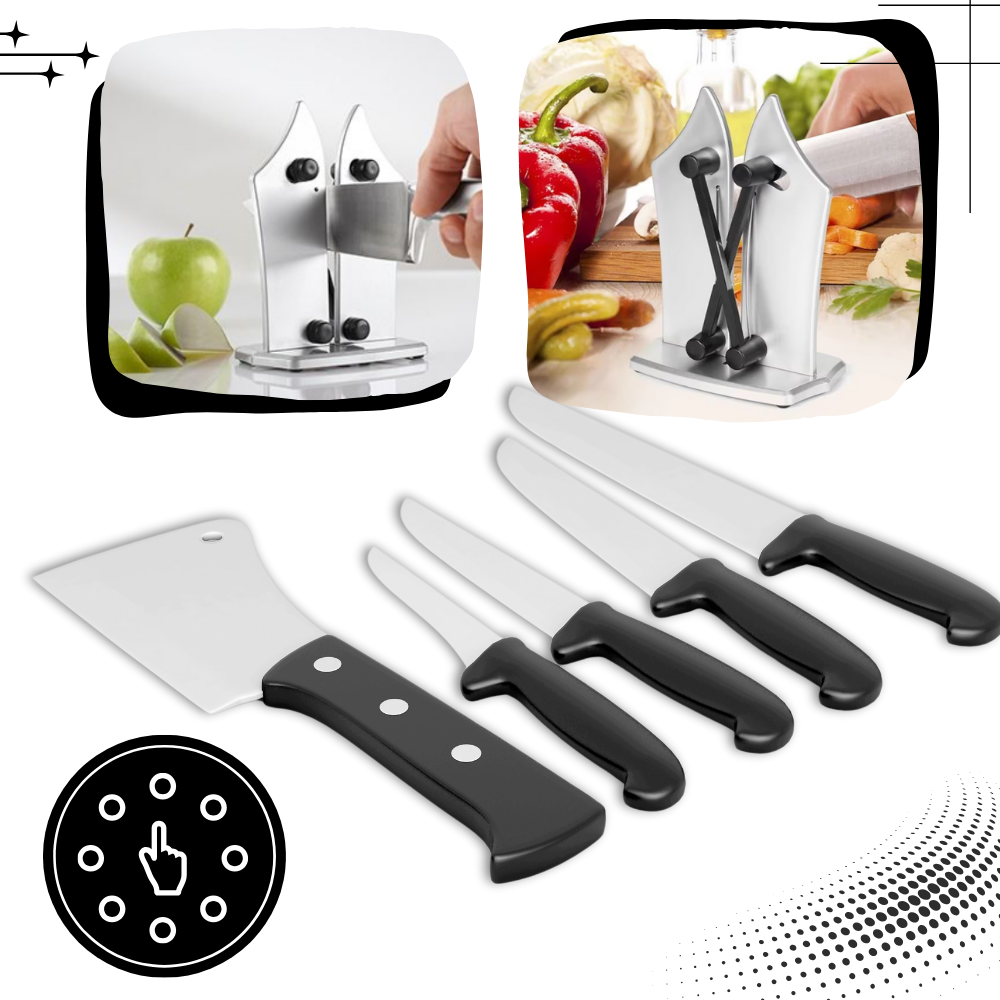 Afiador de facas 5 Star Super Deals, eletrodoméstico de cozinha, mostrando o aparelho e uma faca afiada.