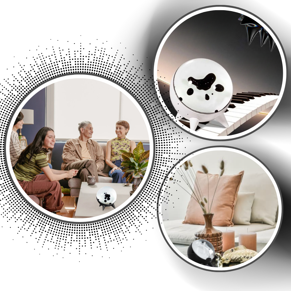Enceinte magnética decorativa da Kokiya com ferrofluido dançante, acabamento preto, item de decoração moderno e elegante.