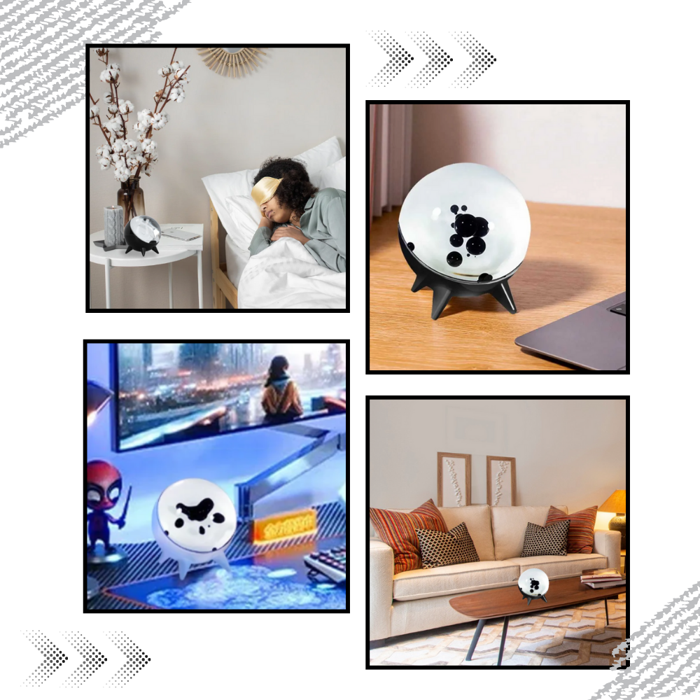 Decoração com caixa de som magnética preto com ferrofluido em movimento, da marca Kokiya, para ambientes modernos e elegantes.