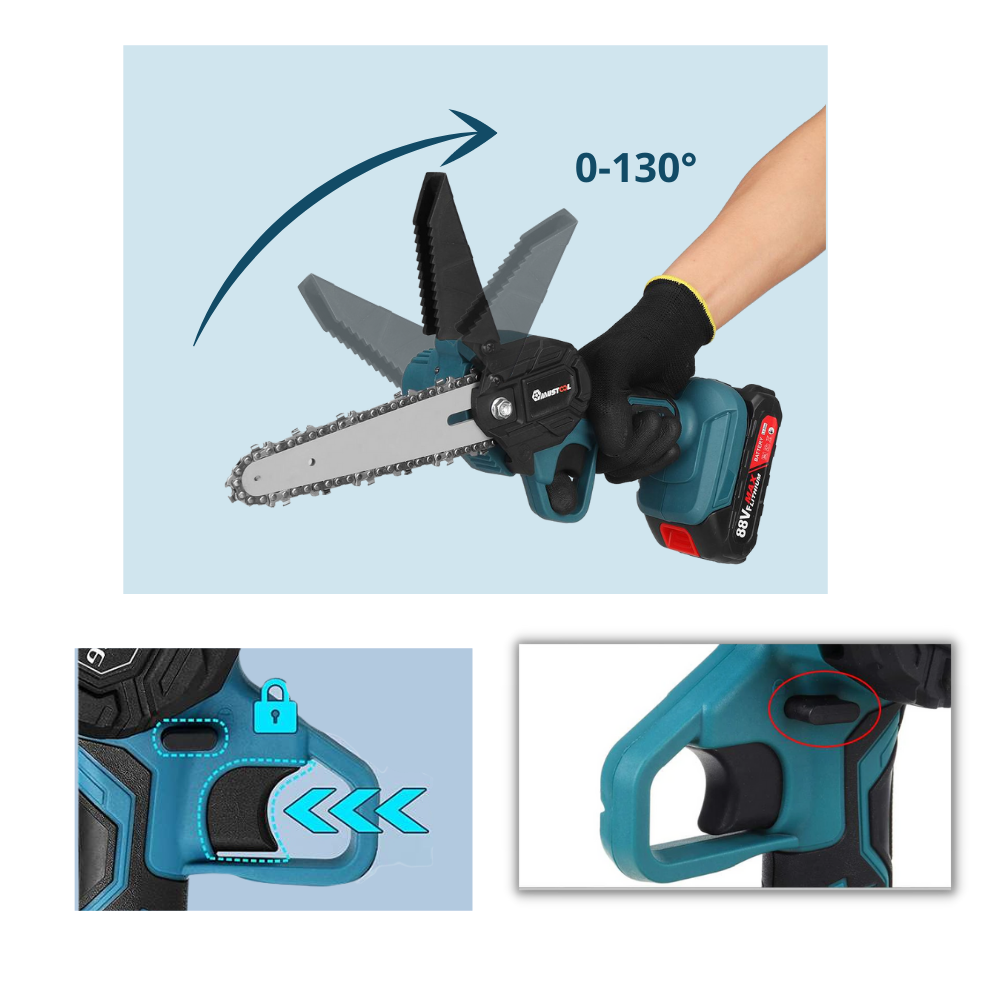 Mini tronçonneuse elétrica Konesky para uso externo, ferramenta portátil para corte de galhos e pequenos troncos.