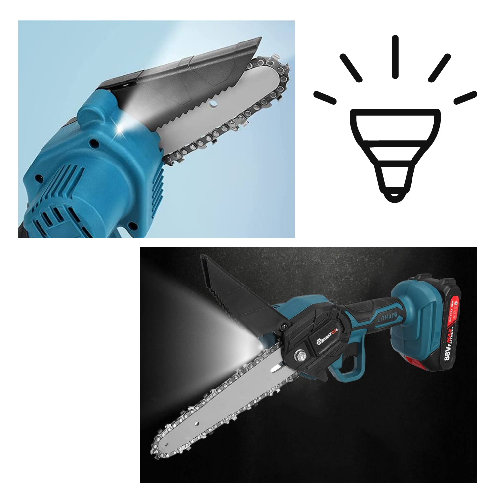 Mini tronçonneuse elétrica de exterior da Konesky, mostrada em uso ao ar livre, ideal para corte de galhos e pequenas árvores.