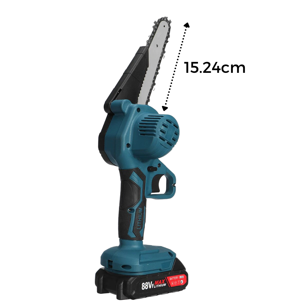 Mini tronçonneuse elétrica Konesky para uso externo, mostrada com lâmina e corpo compacto, ideal para poda e cortes leves.