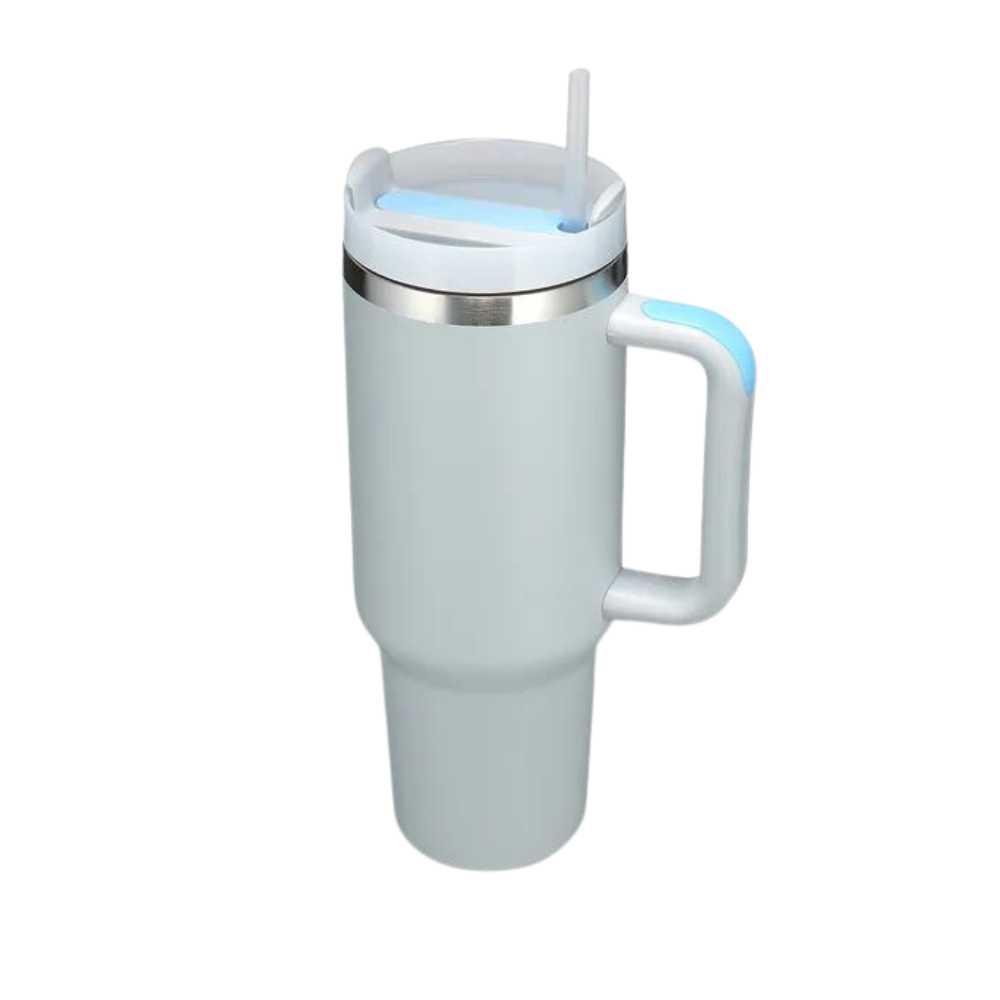 Caneca grande de capacidade para carro Kowaku, com alça, em tecido azul denim, ideal para viagens e uso diário.