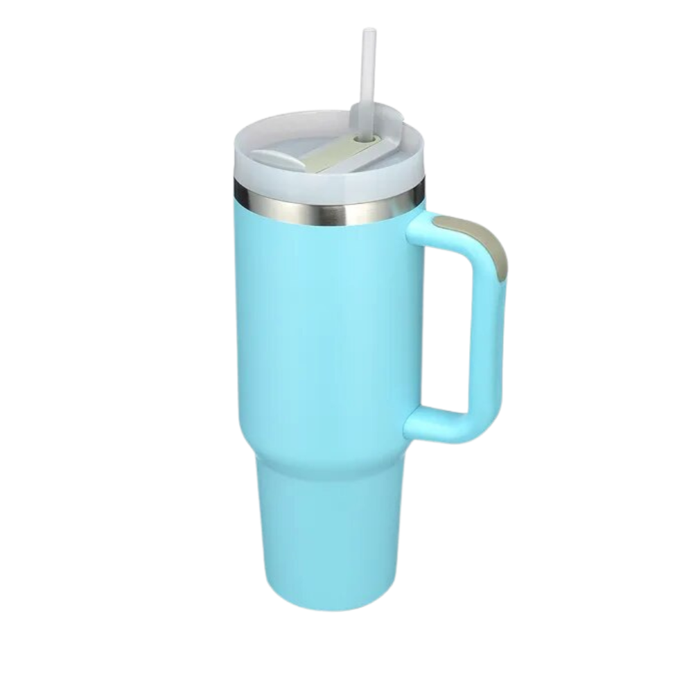 Caneca grande de artes de mesa Kowaku com alça, resistente para carro, cor azul denim, ideal para bebidas em viagens.