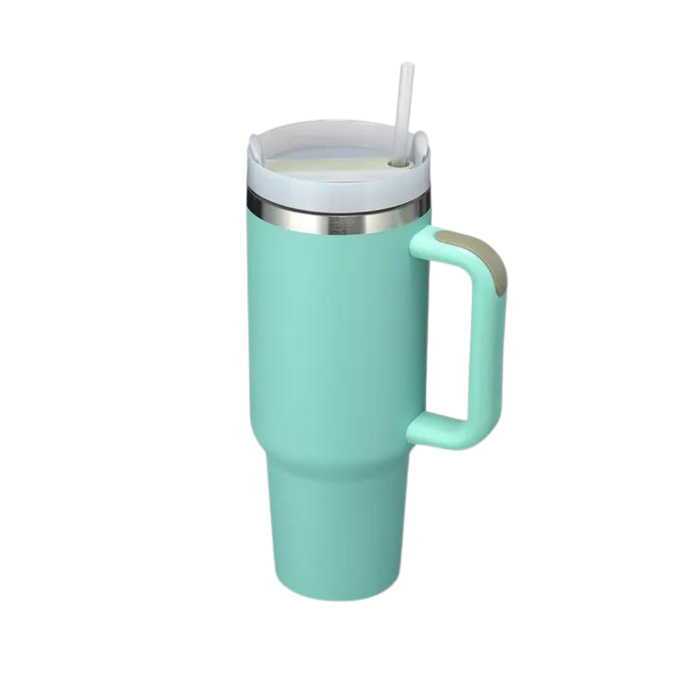 Caneca grande de capacidade para carro Kowaku com alça, design azul denim para uso em viagens e transporte de bebidas.