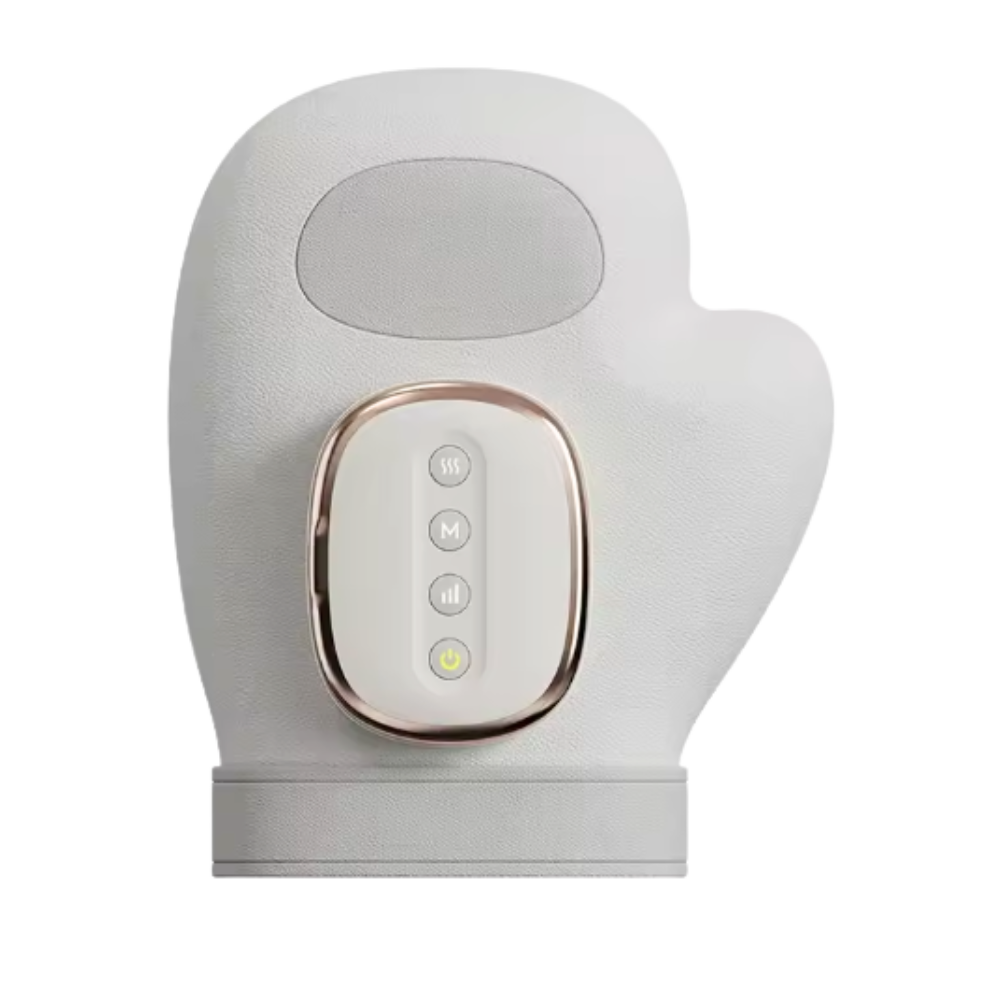 Luva de massagem Kuluzego para relaxamento com compressão térmica, branca, usada para aliviar tensão muscular e promover bem-estar.