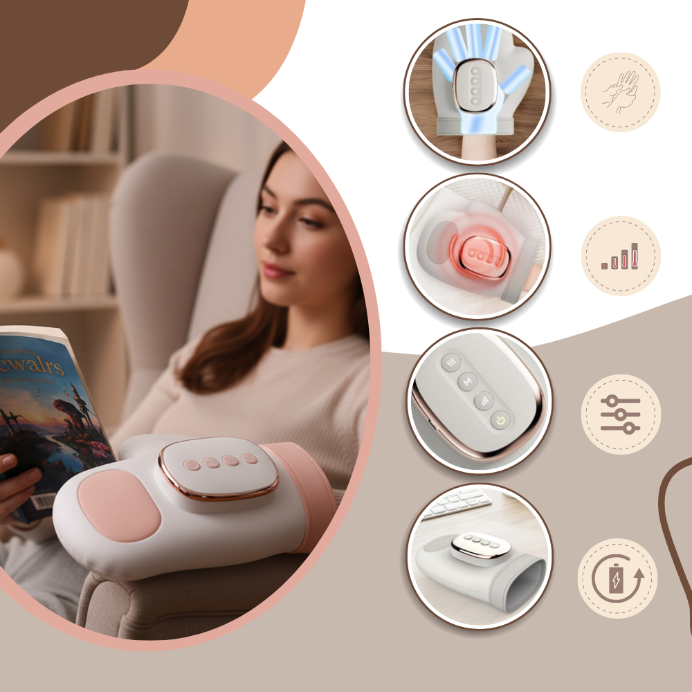 Luva de massagem Kuluzego para relaxamento com compressão térmica, branca, usada para terapia de relaxamento muscular.