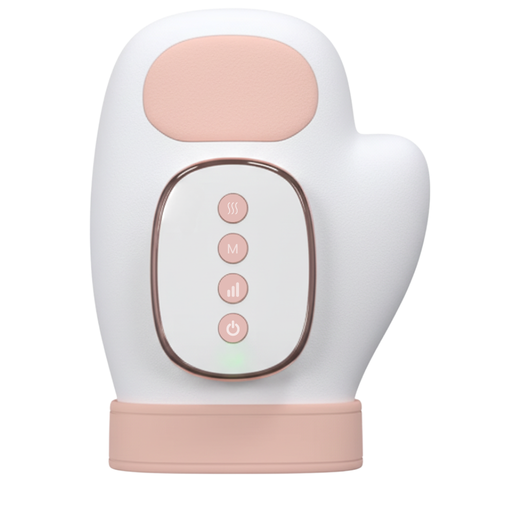 Luva de massagem Kuluzego para relaxamento com compressão térmica, branca, usada para terapia e alívio muscular.