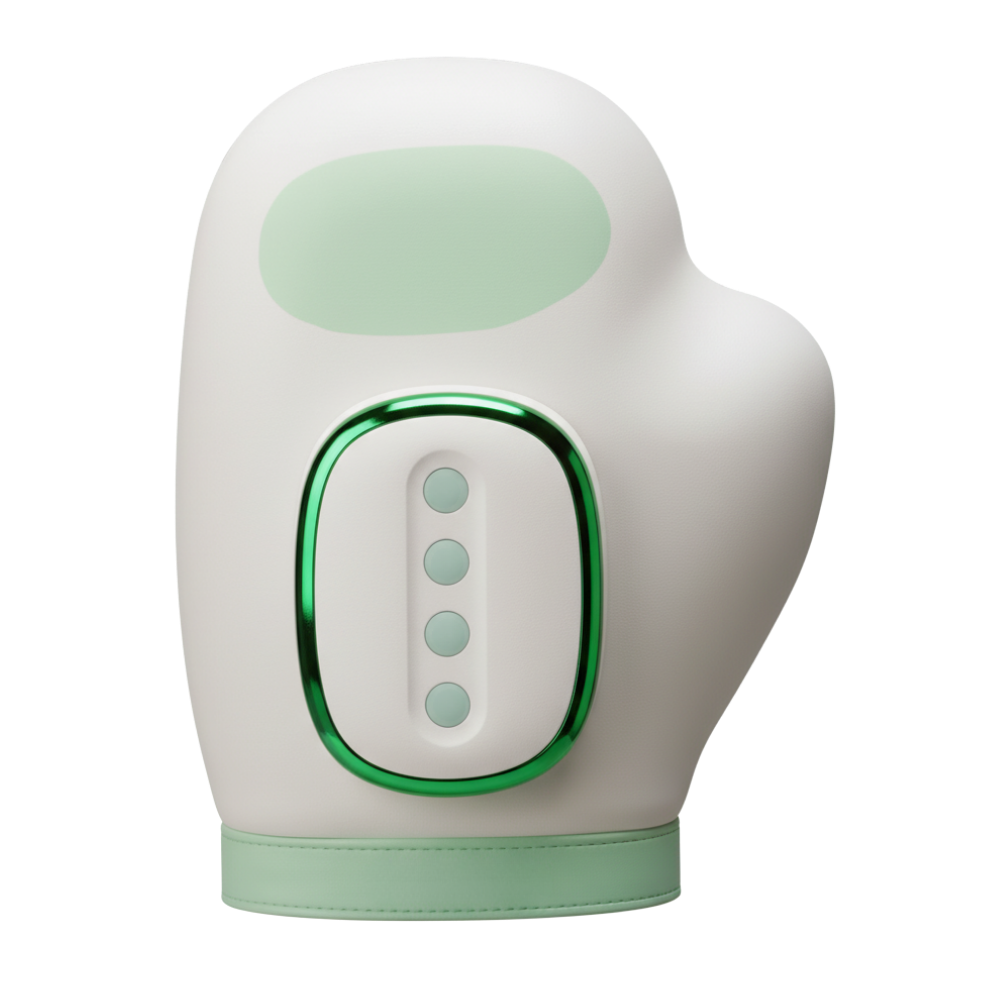 Luva de massagem Kuluzego para relaxamento, com compressão térmica, em branco, usada para aliviar tensões e melhorar o bem-estar.
